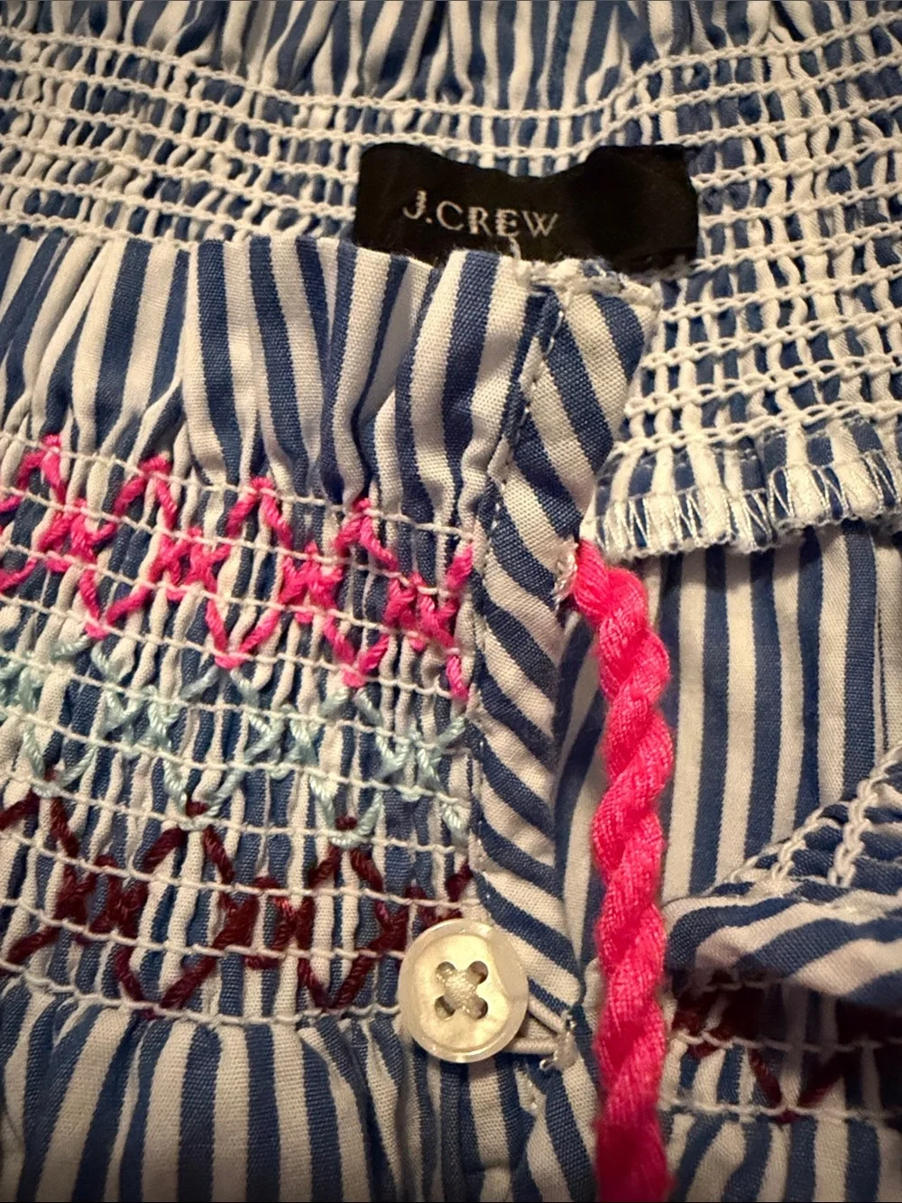 J. Crew Blue and White Striped Peasant Blouse with Pink Embroidery